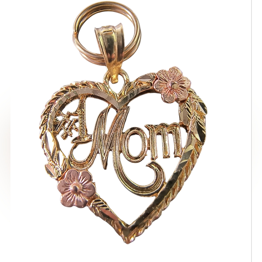 14K Yellow & Rose Gold “#1 Mom” Heart Charm Or Pendant 1.7 Grams - Picture 2 of 11